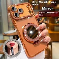 Glitter Espelho Magnético Suporte Caso De Telefone Para iPhone 17 16 14 13 12 11 Pro Max Ar Compõem Diamante Chapeamento
