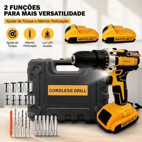 Parafusadeira Furadeira Sem Fio 48V | Modo Duplo Dupla Bateria | Versão com Caixa de Ferramentas
