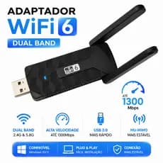 Adaptador Wi-Fi 6 USB 3.0 Dual Band 2.4G/5.8G 1300Mbps com Antenas