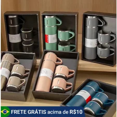 KIT 5 caneca Kit Garrafa Térmica Vacuum Bottle Inox 500ml 3 Xícaras Bebidas Fria ou Quente-LM