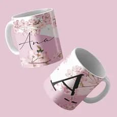 Caneca Personalizada Floral Cerejeira Nome e Letra Inicial Porcelana Presente 325ml Todas as Letras