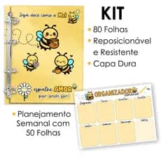 KIT  Fichário Colegial Caderno Argolado Personalizado + Planner de Mesa Semanal Abelhinha