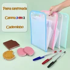 Kit Pasta Sanfonada A4 12 Divisórias 3 Canetas Esferográficas Bloco de Notas Adesivas