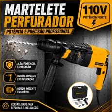 Martelete Perfurador 110V com Impacto Furadeira Elétrica Profissional para Concreto Madeira Aço DIY