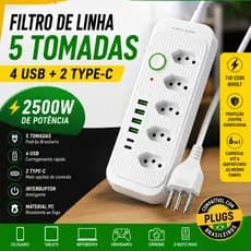Filtro de Linha 5 Tomadas + 4 USB + 1 Type-C 2500W Bivolt  Organize sua casa ou escritório com um Filtro de Linha mode