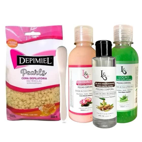 Kit Depilação Cera Quente 500g + Loção Esfoliante + Óleo Removedor + Espátula Aplicadora N°20