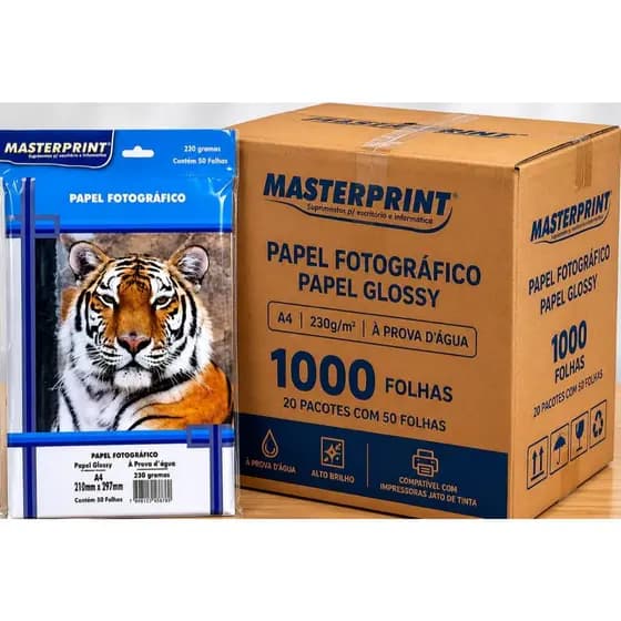 Papel Fotografico 230g Glossy A4 CAIXA FECHADA  1000 Folhas Masterprint Branco