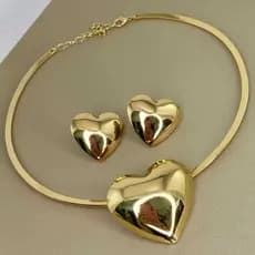 Conjunto Colar Choker e Brinco Elo Aro Pingente Coração - | Joias Femininas Elegantes
