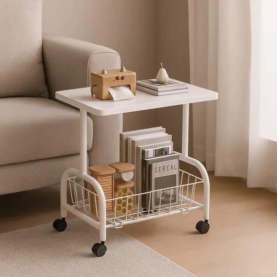 Mesa de Apoio Lateral Multiuso com Rodinhas Branca Carrinho Auxiliar Notebook Sofá Cama Sala Quarto