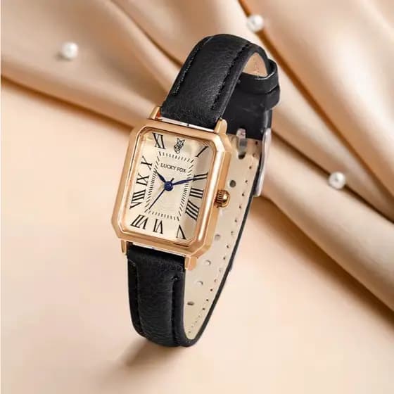 ORIGINAL Relógio Feminino Lucky Fox LUXO Quadrado Dourado Couro + Pulseira Presente kit 2pcs