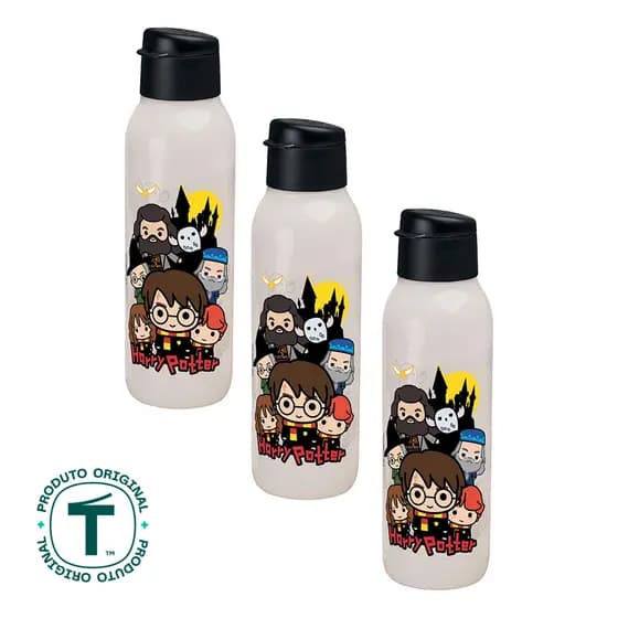 Kit 3 Garrafas de Água Tupperware Eco Tupper Redonda Plus Harry Potter Colorido 750ml