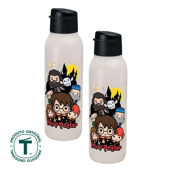 Kit 2 Garrafas de Água Tupperware Eco Tupper Redonda Plus Harry Potter Colorida 750ml