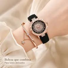 (Relógio + Pulseira) Conjunto De Quartzo Fashion Feminino Com Strass