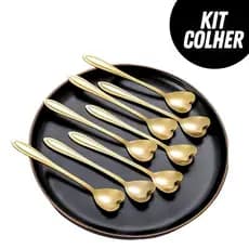 Kit Jogo Colher de Coração Dourada Inox para Chá Café Sobremesa Mesa Posta Cozinha Luxo Delicado Fofo
