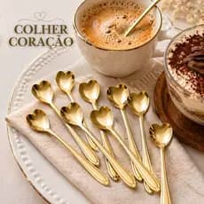 Colher de Coração Fofa Dourada Inox para Chá Café Sobremesa Cozinha Mesa Posta Luxo Delicada