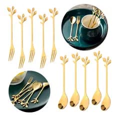 Kit Jogo Colher e Garfo Formato Folha Delicado para Sobremesas Frutas Café e Chá Dourado Inox Cozinha Luxo Mesa Posta