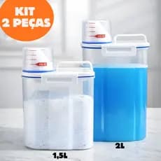 Kit Dispenser Pote Hermético 2 Peças 1,5L e 2L Multiuso com Copo Medidor Resistente Organização Cozinha Lavanderia