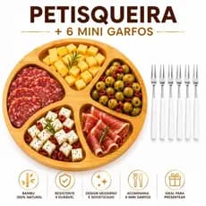 Petisqueira de Bambu com 5 Divisórias + 6 Mini Garfos Tábua de Frios Premium Ideal para Servir e Presentear