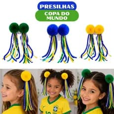 Kit 2 Presilhas do Brasil Tema Copa do Mundo Com Pompom Colorido e Fita Fitilho