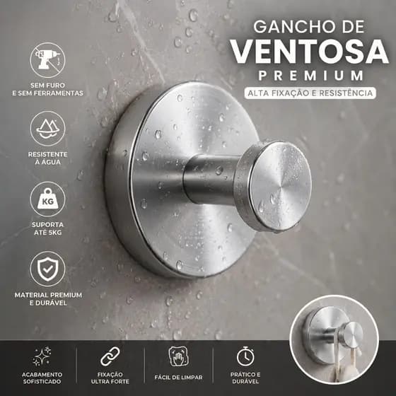 Gancho de Ventosa Prata Premium Sem Furo Alta Fixação Resistente à Água Para Banheiro e Cozinha