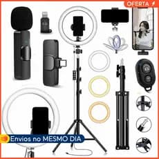 Kit Ring Light 26cm Tripé Microfone Lapela Bluetooth Controle Selfie Vídeos e Fotos Profissionais