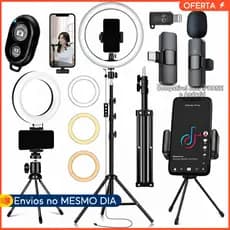 Kit Youtuber 2 Ringlinght Iluminador Microfone Lapela Bluetooth Controle Selfie Profissional