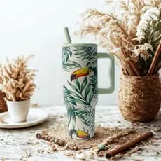 Copo Térmico 1200ml Fauna Tropical Inox com Tampa e Canudo Reutilizável – Estilo Verão