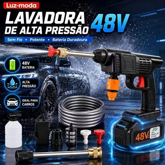 Lavadora de Alta Pressão 48V Sem Fio Lava Jato Portátil com Maleta Completa Bateria Recarregável