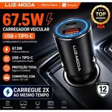 Carregador Veicular 67.5W Turbo Luz-Moda USB+C Super Rápido Carrega 2 Aparelhos Simultaneamente