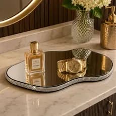 Bandeja Espelhada Decorativa Orgânico Moldura Strass Cristais Brilhantes Premium 38x26 Sala Quarto