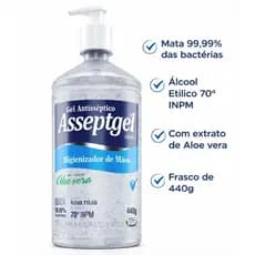 Álcool em Gel Antisseptico Asseptgel 420g Cristal Hidratante Aloe Vera Válvula Pump 70% INPM
