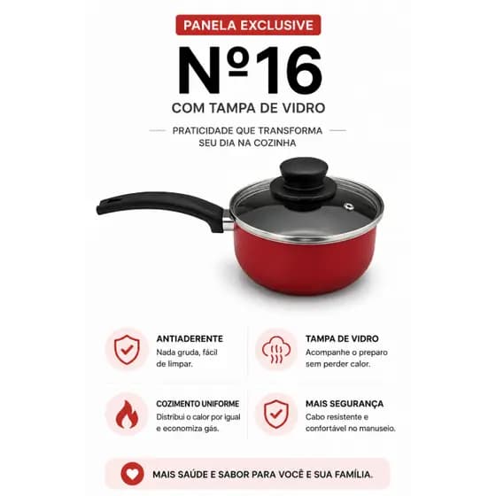 Panela Exclusive Vermelha Nº16 Antiaderente Com Tampa de Vidro Alumínio Cozinha