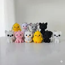 Kit 3 Chaveiros Animais 3D Textura Crochê - Identificador Mochila, Lancheira e Estojo Volta às Aulas