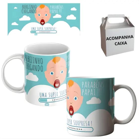 Caneca Personalizada Chá Revelação Menino Papai Porcelana Premium Café 325ml