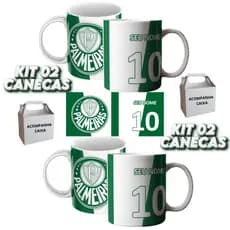 Kit 02 Canecas Personalizadas Palmeiras Camisa 10 Coloque seu Nome Porcelana Café 325ml