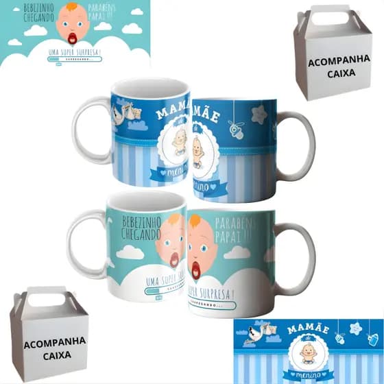 Kit 02 Canecas Personalizada Chá Revelação Menina Mamãe e Papai Porcelana Premium Café 325ml