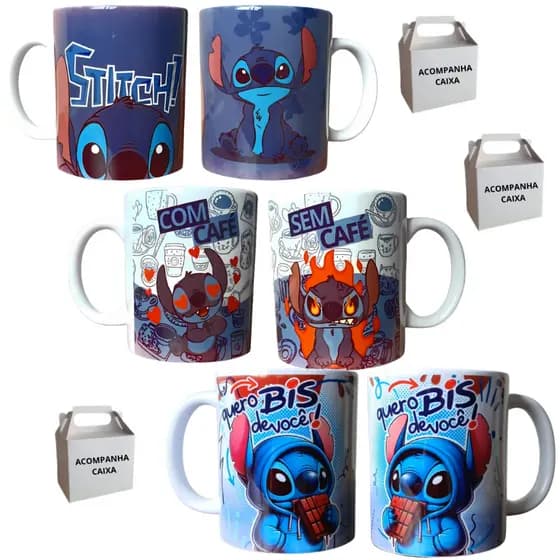 Kit 03 Canecas Personalizadas Lilo e Stitch Café Chocolate 325ml dia das Crianças
