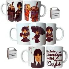 Kit 03 Canecas Personalizadas Wandinha Adams Netflix Porcelana Premium Café 325ml