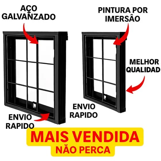 Kit 2 Janela Basculante Aço 50x50 com Grade – Vitrô p/ Banheiro – Sem Vidro – Pronta Entrega