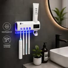 Organizador Porta Escovas de Dente com Luz UV Dispenser de Pasta Suporte Parede Banheiro
