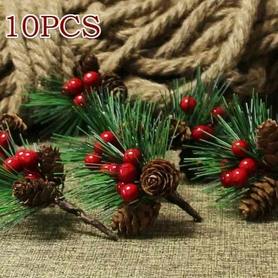 10 Pçs Flores Artificiais Natal Bagas Vermelhas Pinha Ramos de Azevinho Decoração Festiva