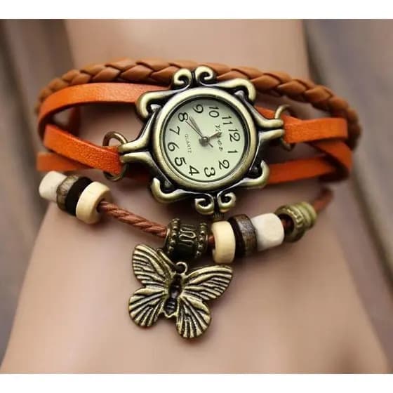 Vintage Borboleta Pulseira Relógio De Couro Moda Senhora Quartzo