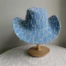Chapéu de Cavaleiro em Jeans, Chapéu de Cowboy Ocidental com Franjas, Corda à Prova de Vento, Série Cowboy, Moda Unissex