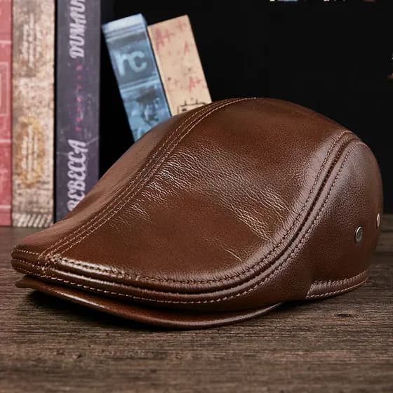 Chapéu Boina de Couro Genuíno para Homens, Quente e à Prova de Vento, Boné de Couro de Vaca, Estilo Vintage, Elegante, C
