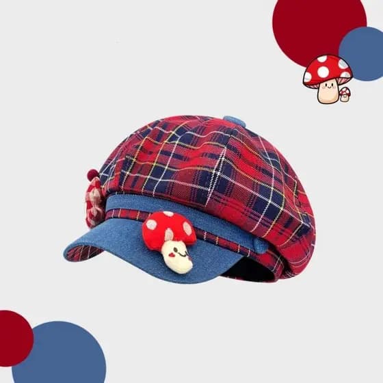 2025 Boina Feminina Casual de Primavera e Outono, Estilo Japonês, com Decoração de Cogumelo de Desenho Animado Fofo, em