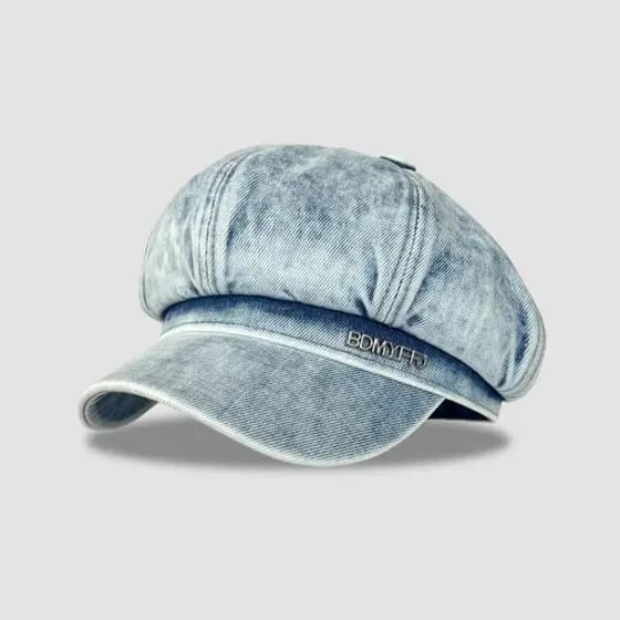 Boné Octogonal Feminino de Denim Lavado Retrô 2025, para Cabeças Grandes, Estilo Coreano, com Logotipo de Metal, Boné Ne
