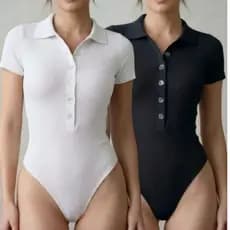 Body Polo Feminino Com Botões Manga Curta Canelado Premium Manguinha Decote Casual