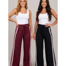 Calça Feminina Pantalona Com Listras Na Laterais Tecido leve com Elasticidade