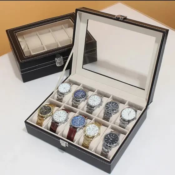CAIXA PARA RELÓGIOS E PULSEIRAS, EM COURO SINTÉTICO, C/10 DIVISÓRIAS.