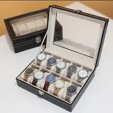 CAIXA PARA RELÓGIOS E PULSEIRAS, EM COURO SINTÉTICO, C/10 DIVISÓRIAS.